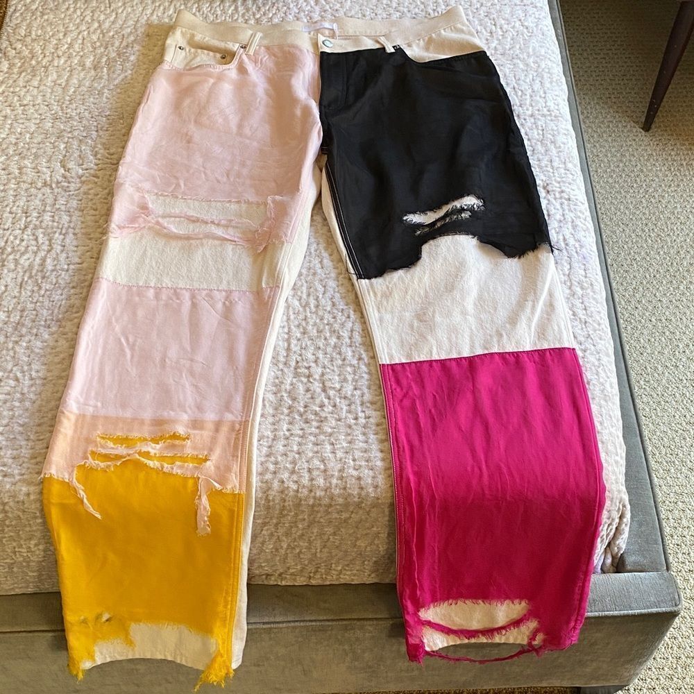 Helmut Lang Mens Patchwork Jeans - Pink, Black, Yellow, Ivory